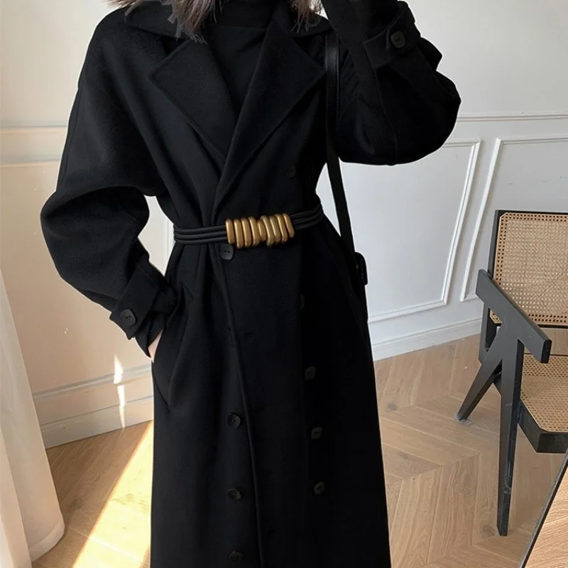 

Fashion New Autumn New Women Long Woolen Blends Coat Ladies Winter Double Breasted Loose Fit Wool Overcoat Elegant Trench Coats