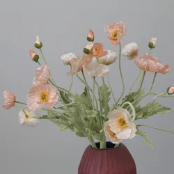 6pcs Artificial Flowers Gorgeous Silk Poppy Flocky Stem Wedding Holiday Bridal Bouquet Photography