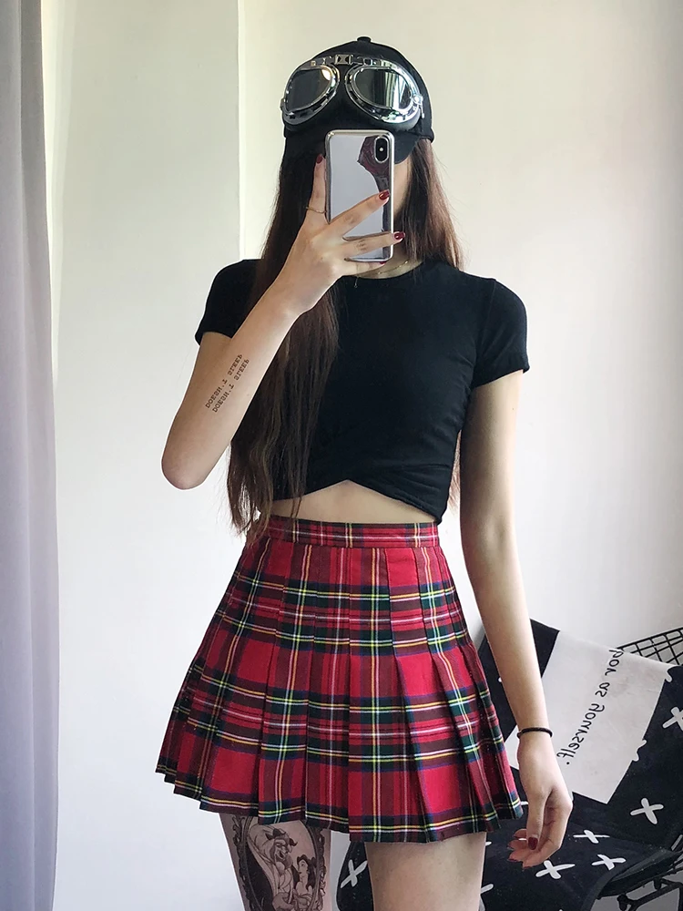 Vintage Red Plaid Pleated Skirt Women Y2k Mini High Waist Kawaii Skirt Female 2021 New Summer College Style Tennis Short Skirts