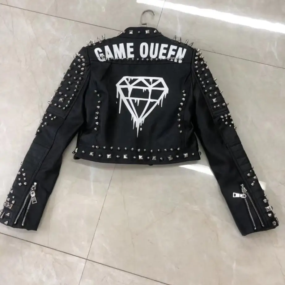 

Rivet beading soft pu leather coats Women letter printed pu Leather Jacket Punk Rock Cropped Jackets faux leather coat F2191