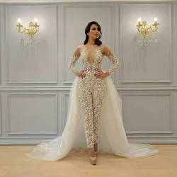 Ivory Champagne Wedding Jumpsuit with Detachable Train 2022 Illusion Long Sleeve Sheer Neck Arabic Bride Dress with Pant Suit