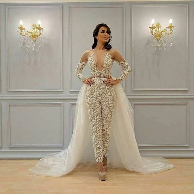 Ivory Champagne Wedding Jumpsuit With Detachable Train 2022 Illusion Long Sleeve Sheer Neck Arabic Bride Dress With Pant Suit Wedding Dresses AliExpress