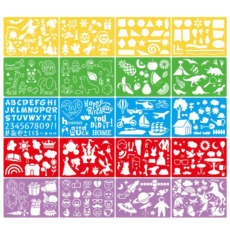 20 Pcs Children Christmas Halloween DIY Drawing Stencils Hollow Board Set for Kids Plastic Painting Template