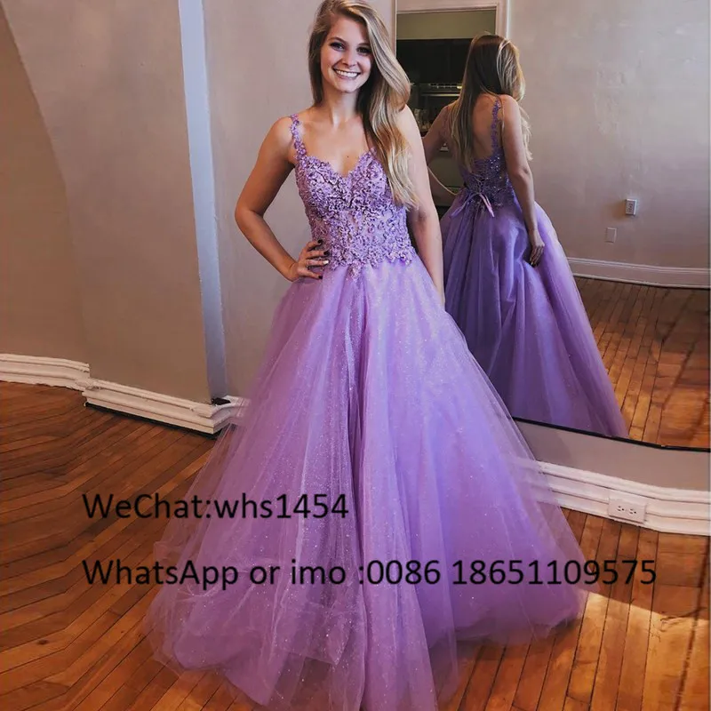 Mbcullyd Lavender A-line Evening Dresses Long 2023 Puffy Glitter Tulle Formal Dress For Women Applique Lace robe de soiree