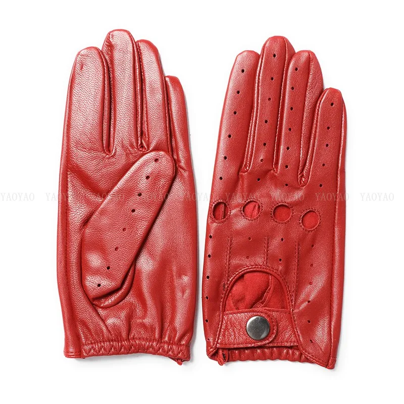 

Pure Leather Glove For Men Male Top Quality Holes Locomotive Thin Mittens Elastic Wrist Red/Black/Dark Brown Driving Luva