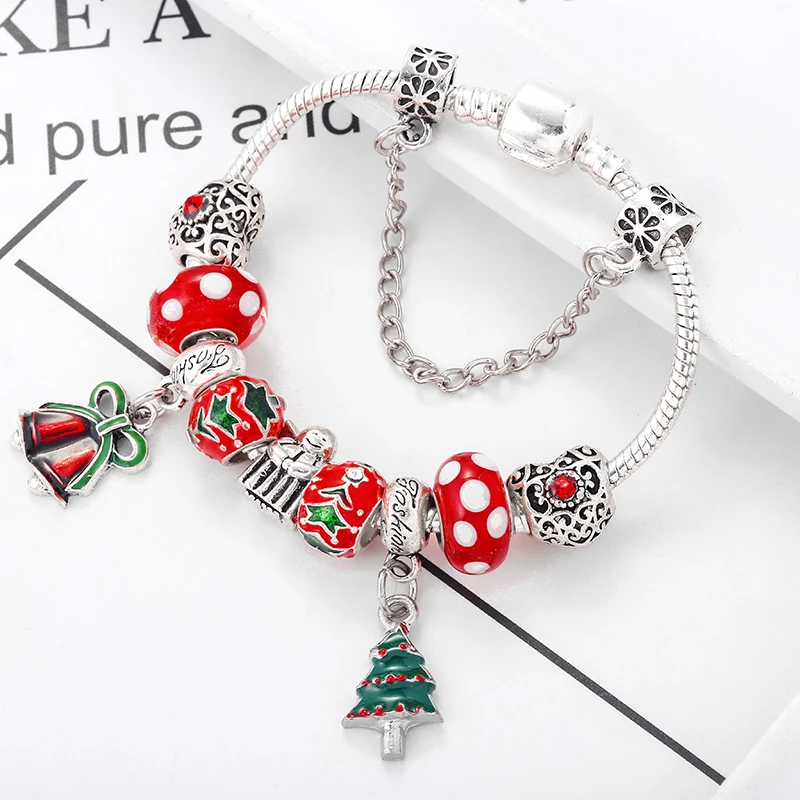 19 Styles Christmas Tree & Bell Pendant Charm Bracelet Silver Color Bracelet For Women Kids DIY Handmade Xmas Jewelry Gift