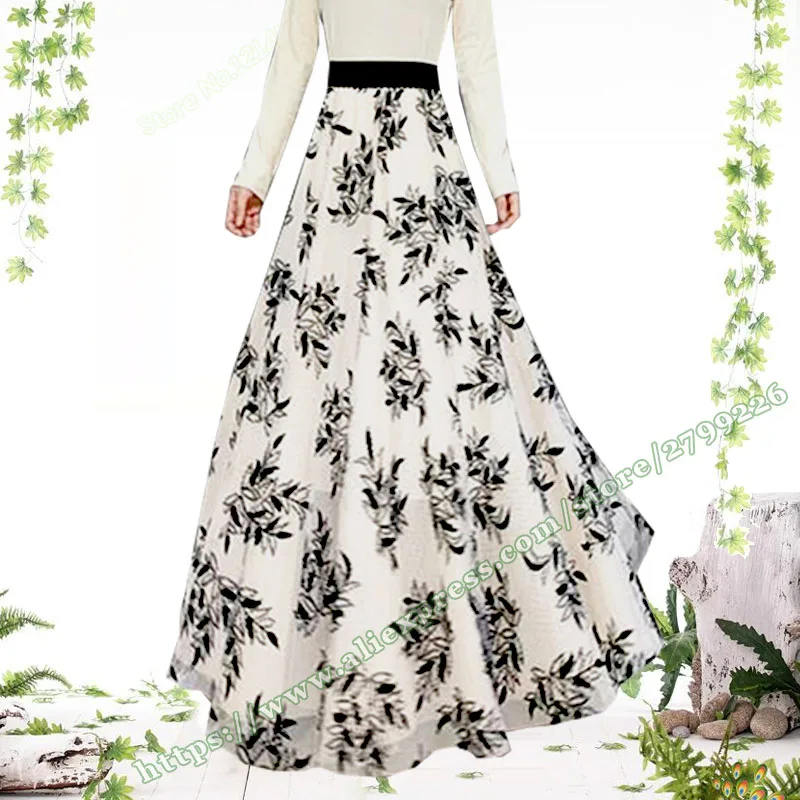 2022 New Plus Size 5XL Fashion Female High-quality Black and White Big Flower Mesh Women's Elegant Long Maxi Skirts for Womens