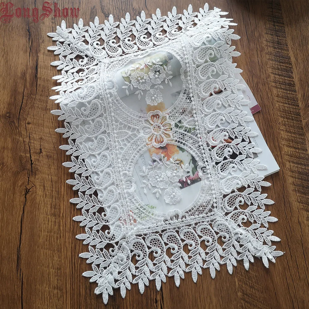 LongShow 1 Lot 4 Pcs 30x45cm Modern Elegant White Gold Organza Fabric Embroidered Placemats