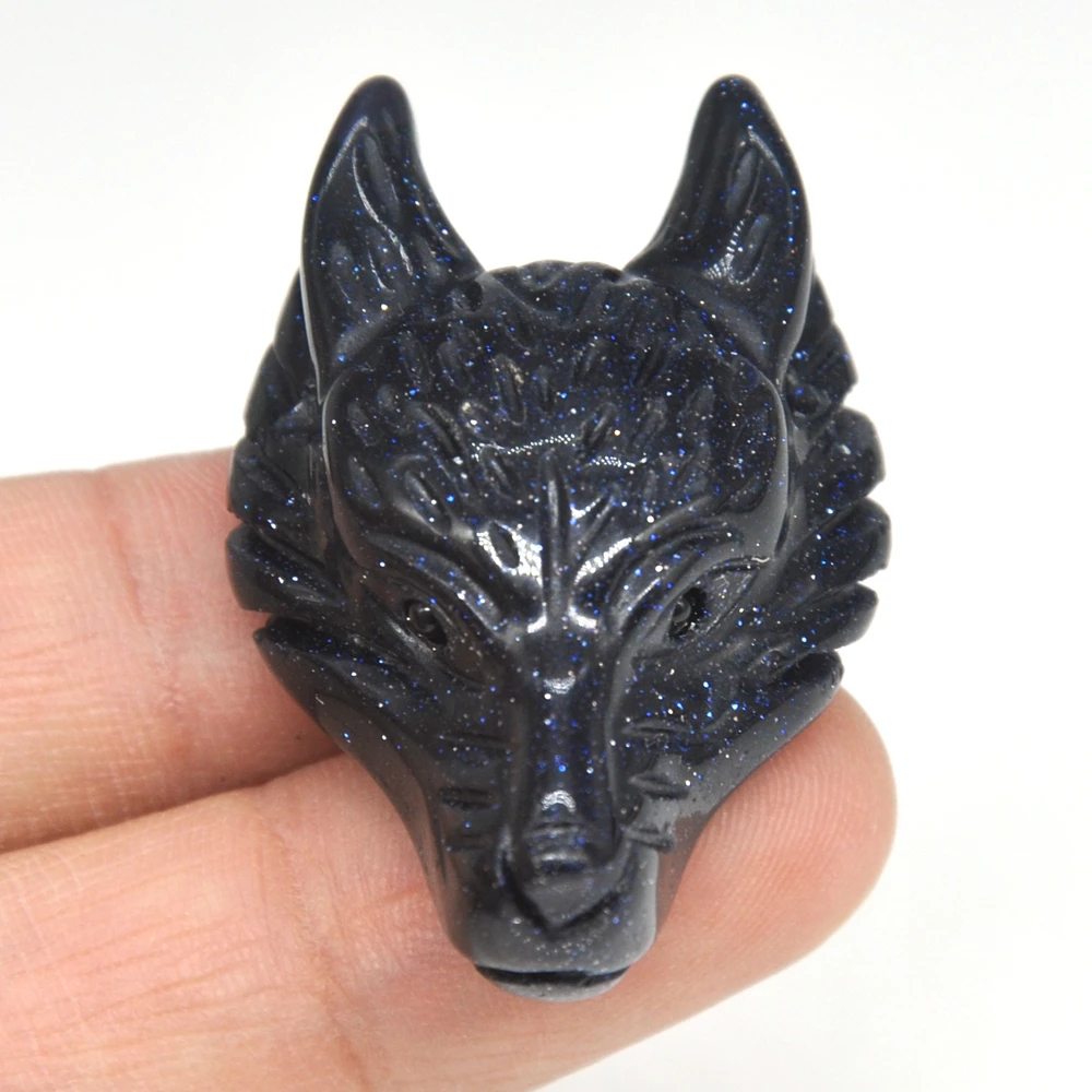 

1.5" Wolf Head Pendant Blue Goldstone Sand Natural Stone Accessories DIY Handcrafts Healing Crystal Animal Statue Reiki Necklace