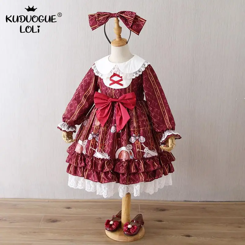 Robe princesse Lolita OP pour filles, manches longues, à volants, ensemble de Costumes de fête pour enfants avec couvre-chef, vie quotidienne d'un chat paresseux