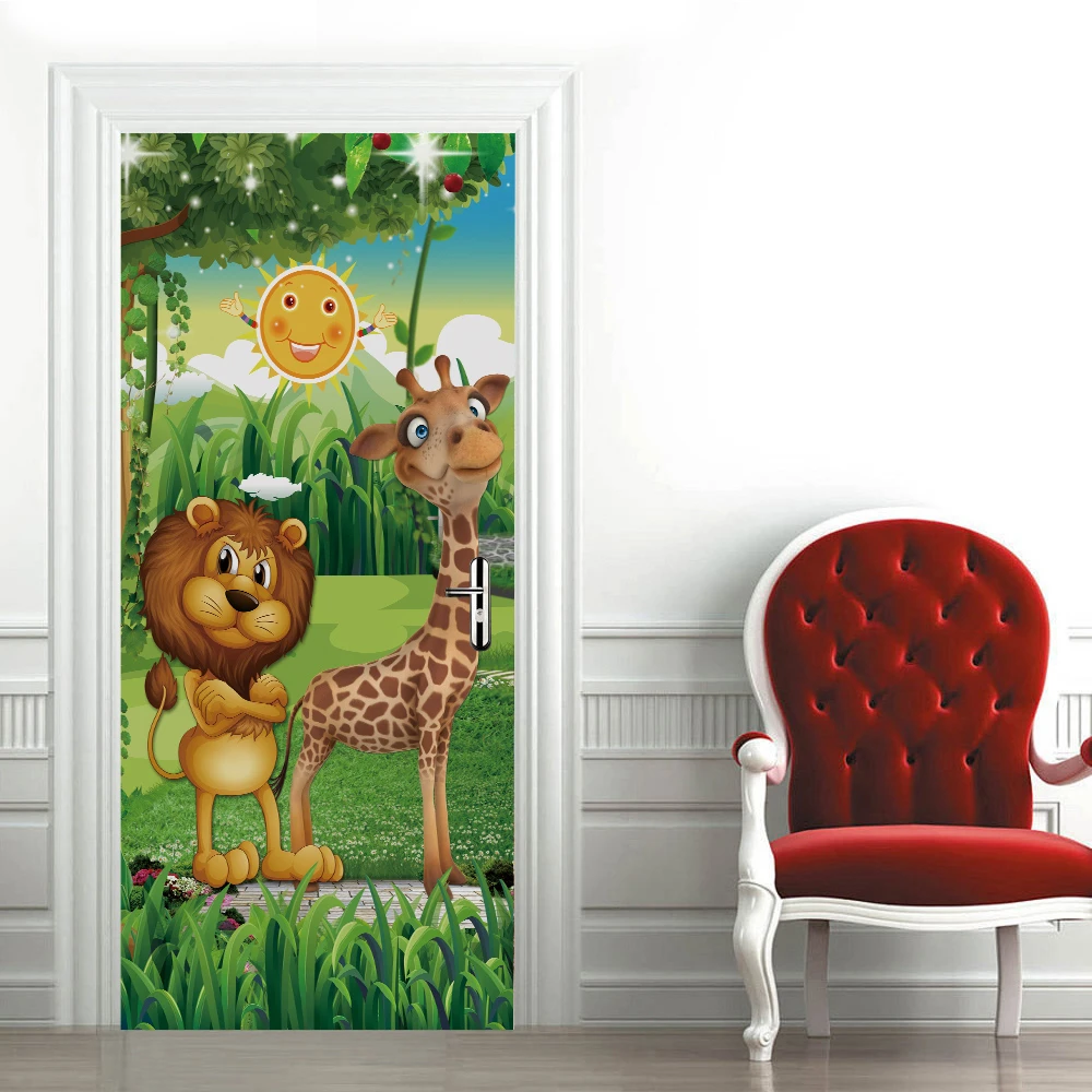 Cartoon Children Door Sticker For Kids Boys Girls Room Bedroom 3d Wallpaper Self-adhesive Jungle Lion Giraffe Decoration Poster