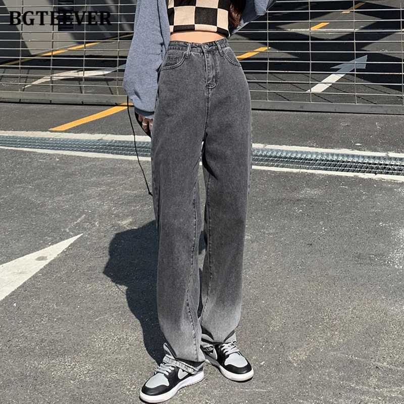 

BGTEEVER Chic Loose Straight Gradient Women Jeans Pants Spring High Waist Pockets Female Denim Trousers 2022 Spring Long Pant