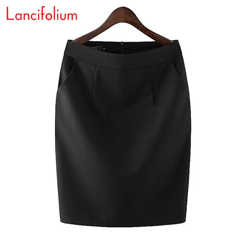 Knee Length Work Office High Waist Skirt Women Summer Vintage Formal OL Skirt Pocket Female Black Grey Bodycon Business Skirt