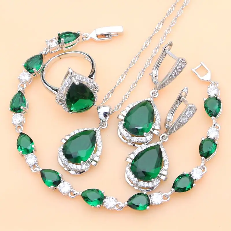 

Bohemia Silver 925 Jewelry Sets Green Emerald Gemstone Earrings Rings Fine Accessories Wdding Necklace Set Dropshipping