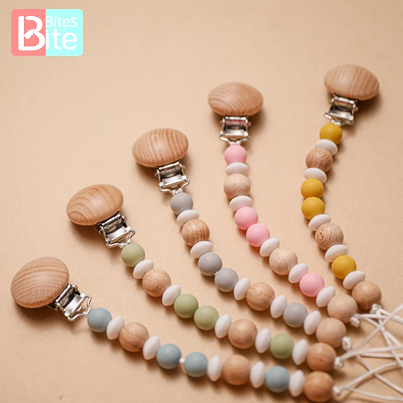 1Pcs Baby Schnuller Kette Silikon Holz Perlen Baby Molaren Entlasten Zahnen Schmerzen Elastizität Lebensmittel Grade Schnuller Kette Kauen Geschenke