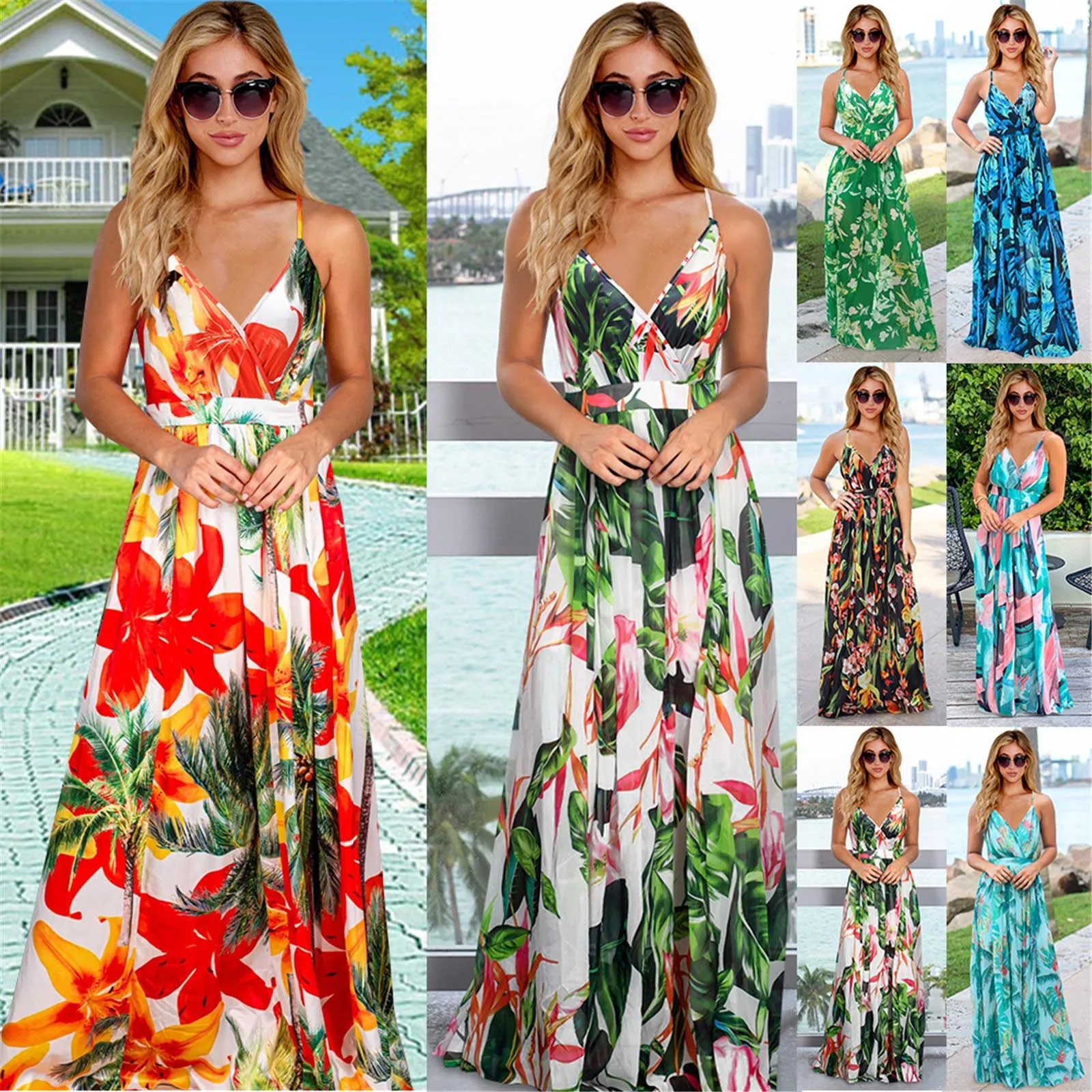 Women Casual Tropical Boho Floral Print Sexy Backless Sundress Evening Party Beach Long Maxi Dresses Spaghetti Straps Dresses