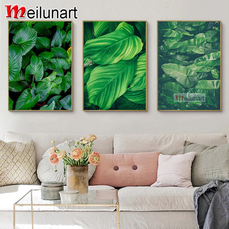 Green plant leaves diy mosaic 5d diamond painting triptych full square round drill diamond embroidery kit home decoration AS1640