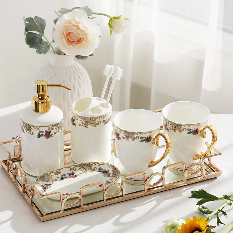 

Bathroom Accessories Set Ceramic Toothbrush Holder Soap Dispenser Gargle Cups Soap Dish With Tray Wedding Gifts 4-6 Pieces set