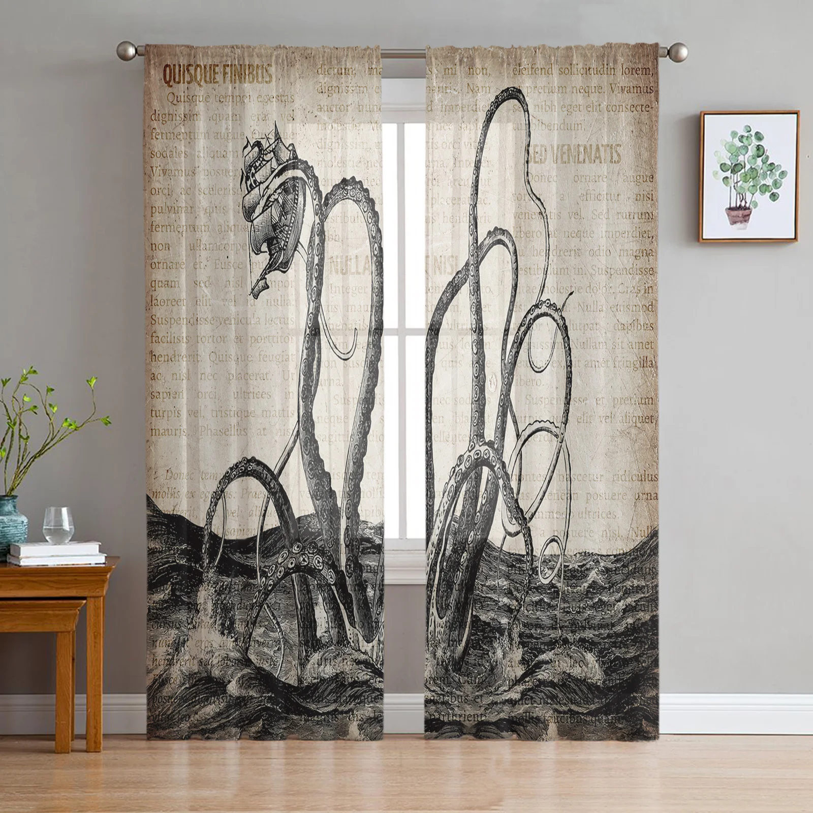 

Cthulhu Octopus Old Newspaper Curtain For Living Room Transparent Tulle Curtains Window Sheer For The Bedroom Accessories Decor