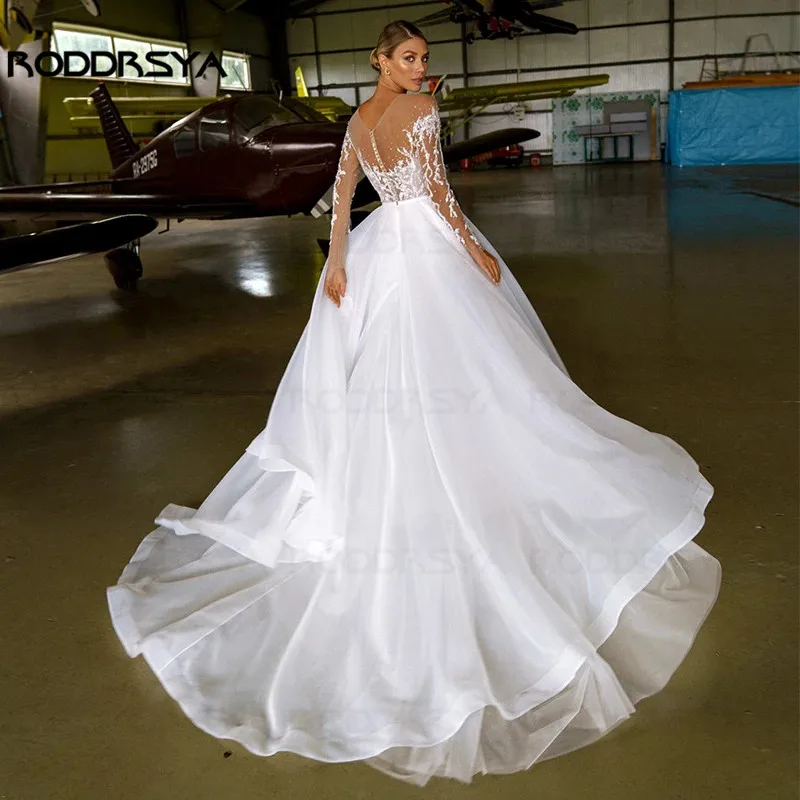Organza Hochzeit Kleider Für Frauen 2021 Spitze Applique Perlen Oansatz Langarm Hochzeit Kleid Strand Brautkleider – Detail 7
