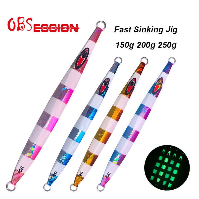 OBSESSION 150g 200g 250g Hard Metal Fishing Jig Stripe Luminous Fishing Bait Saltwater Deepsea Fast Fall Sinking Glow Jig Lure