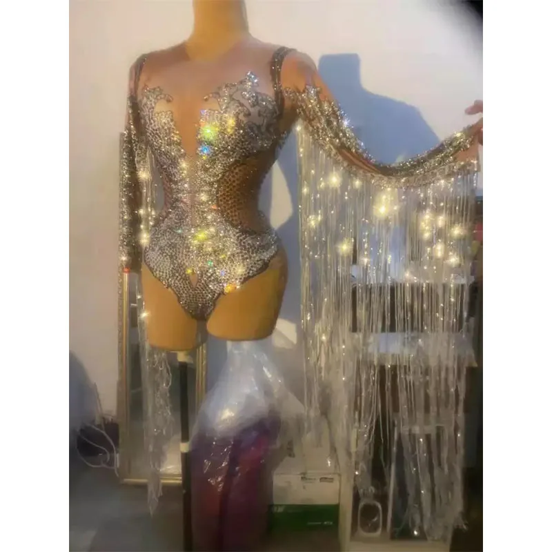 Women Sparkling Silver Rhinestone Sequin Tassel Party Bodysuit Bodycon Stage Fringes Jumpsuit Dancer Leotard DS Singer Bodysuit