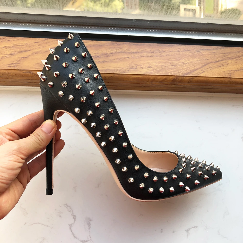 Tikicup Silver Spikes Women Black Matte Pointy Toe Sexy High Heel Party Shoes Designer Stiletto Pumps 8cm 10cm 12cm Customize