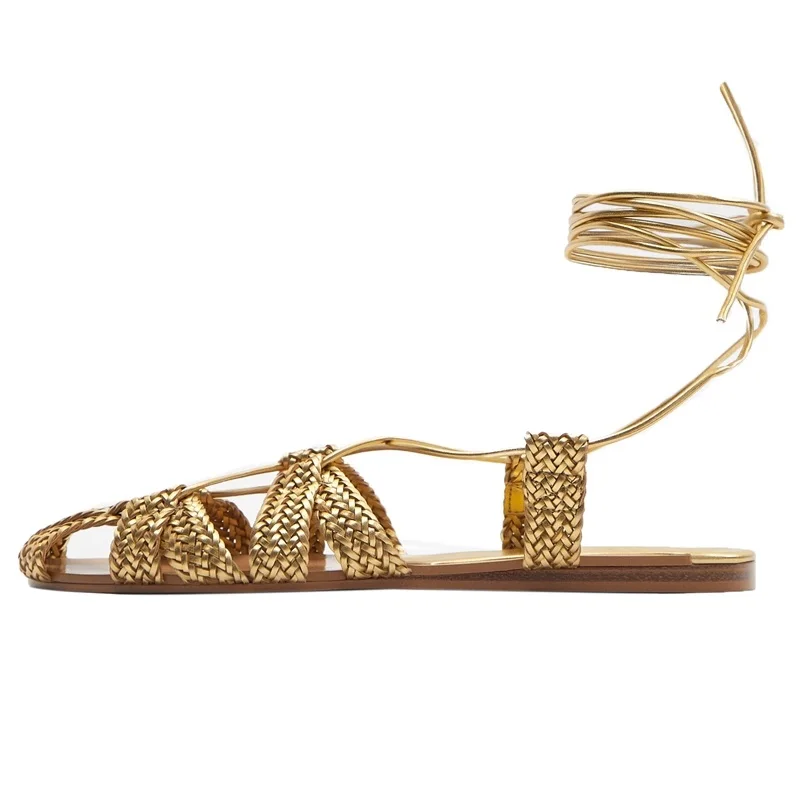 Golden Braided Strap Sandals Women Cross Strap Flat Shoes Women Ankle Strap Casual Shoes Sandals Women