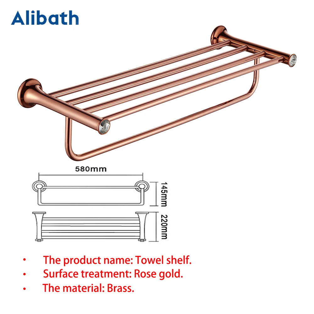 Luxury Rose Gold Bathroom Accessories Brass Wall Mounted Toilet Brush Paper Towel Holder Rack Glass Shelf Bath Hardware Set.