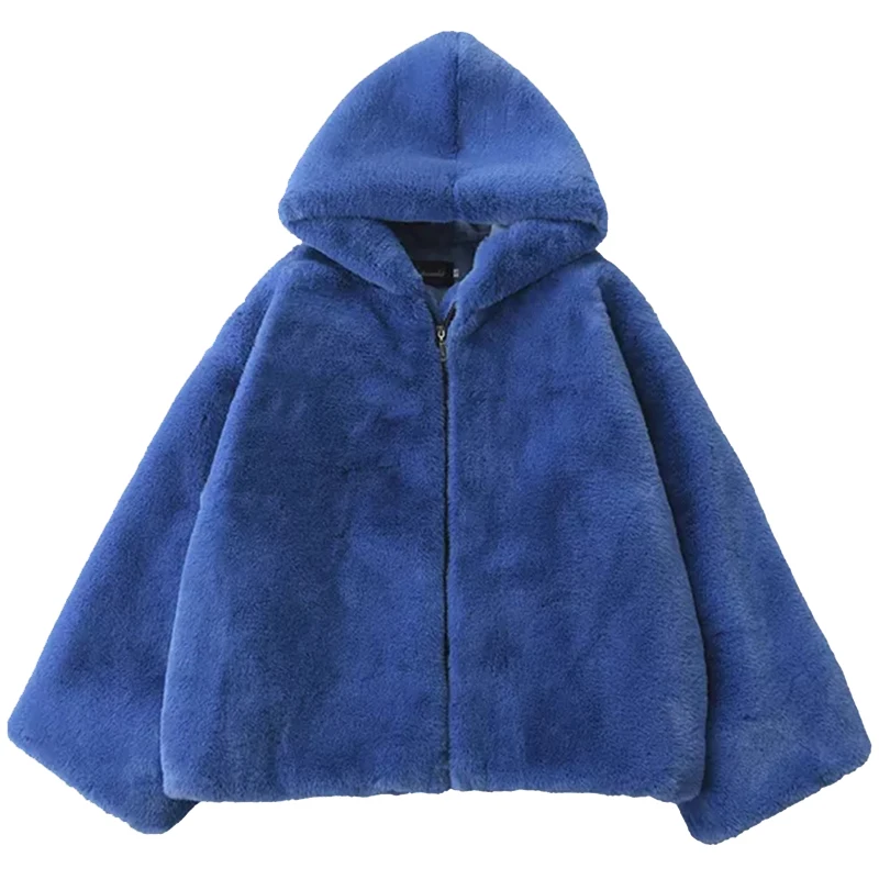 Lautaro-Oversized Warm Faux Fur Coat for Women, Long Sleeve with Hood, Soft Fluffy Jacket, Loose Korean Fashion, Blue, Winter