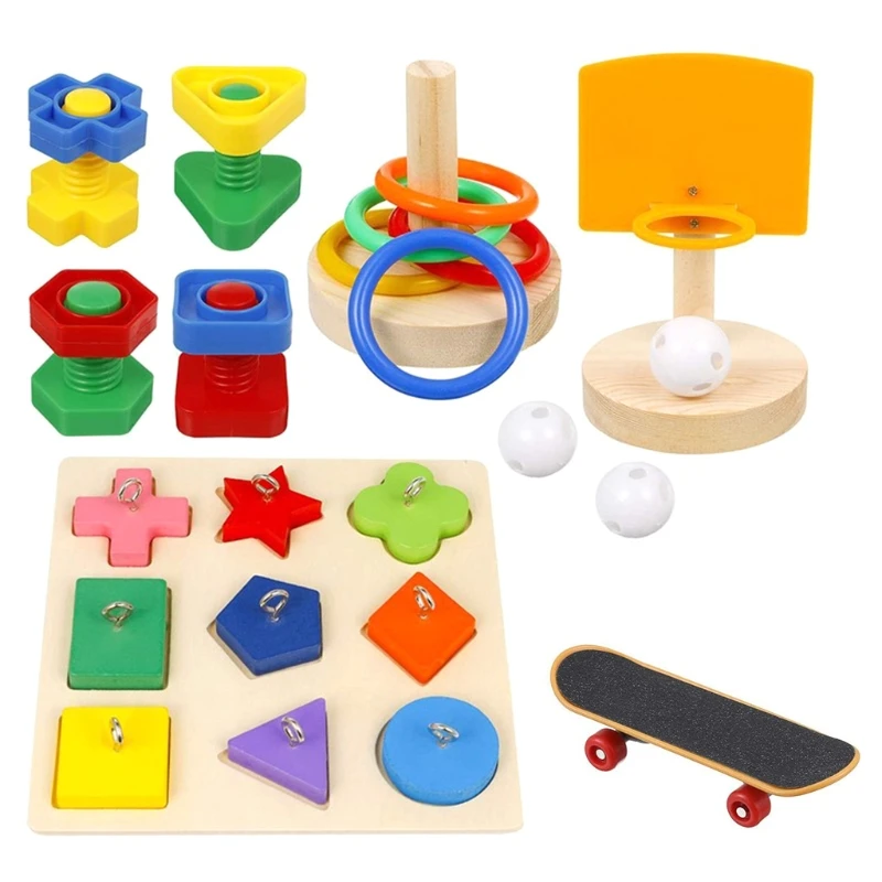 5 Pcs Bird Parrot Training Toys Set Include Wooden Block Puzzle Toy Basketball Stacking Rings Skateboard Nuts and Bolts Toy