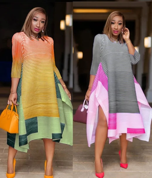 

African Dresses For Women 2021 Elegent Fashion Stripe Style African Women Plus Size Polyester Mid-Calf Dress Africa Clothing