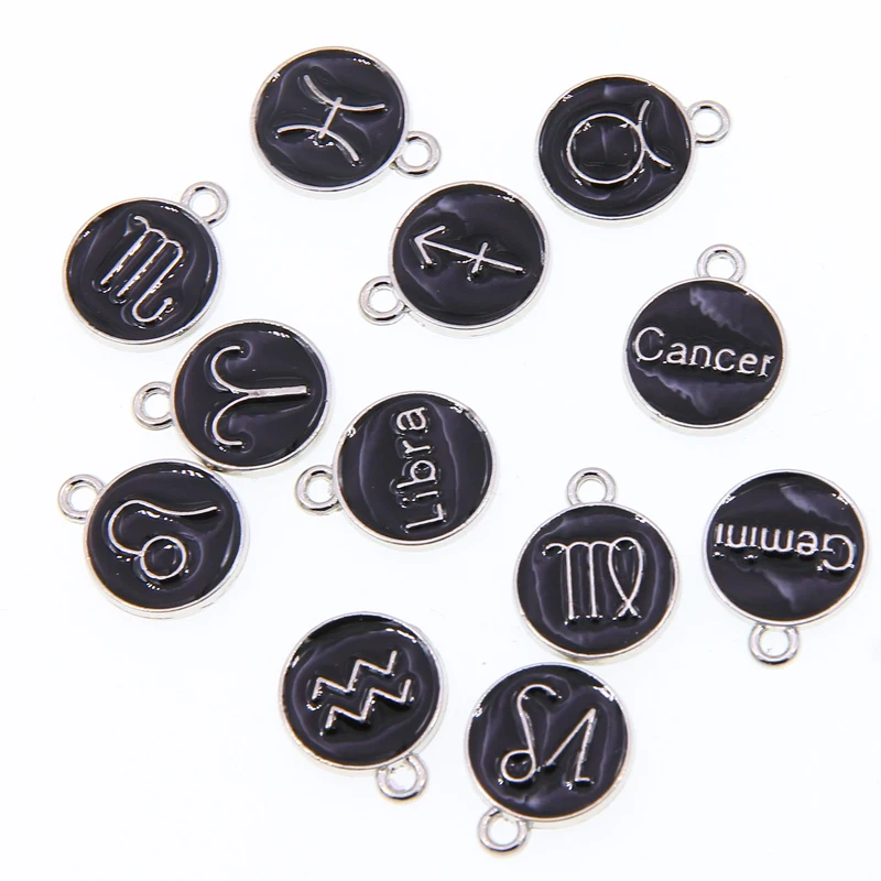 Czarna emalia 12 sztuk/zestaw stop metali emalia znaki zodiaku Charms wisiorek Diy ręcznie robiona biżuteria akcesoria