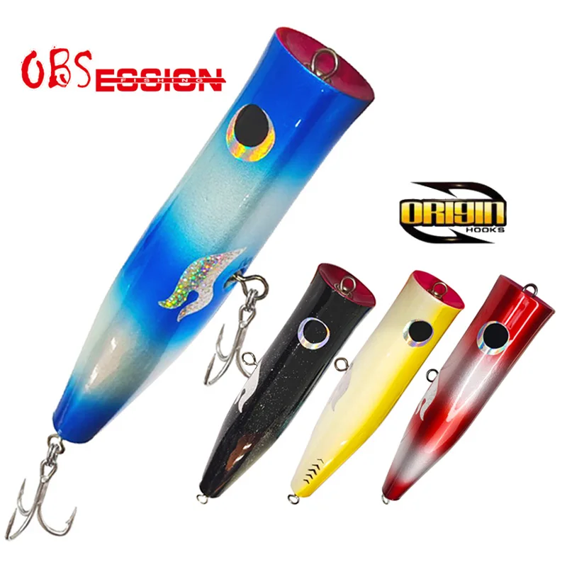 

OBSESSION 115g Wooden Trolling Fishing Lure Topwater Popper Jig Crankbait Artificial Handmade Bait With Origin Hooks Fish Tackle