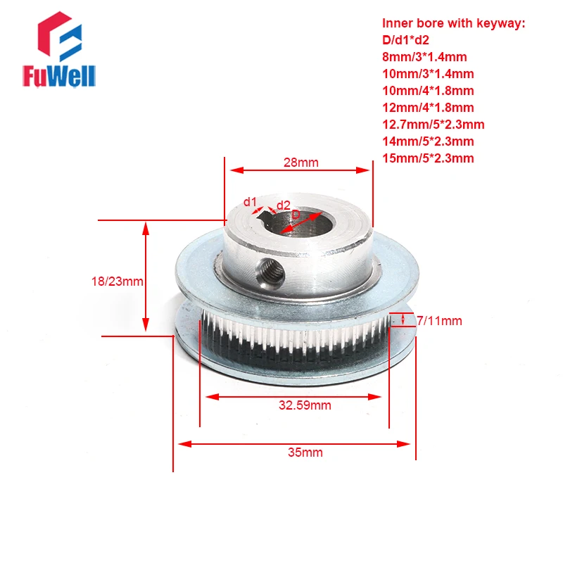 S2M 52Teeth Timing Pulley with Keyway S2M-52T Synchronous Wheel Aluminum Alloy 8/10/12/14/15mm Bore Transmission Belt Pulley