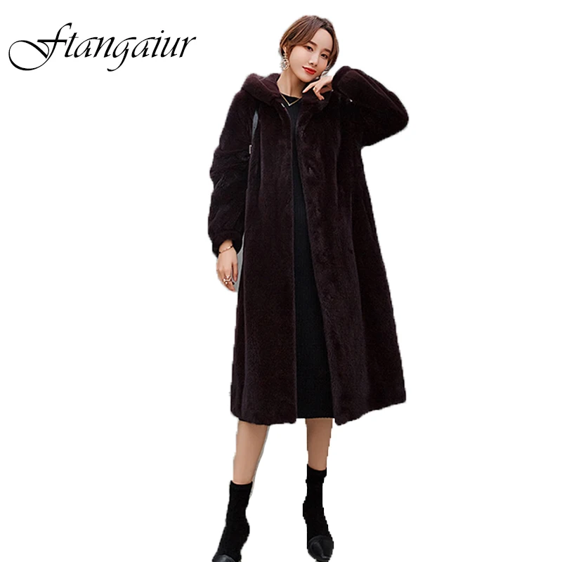 

Ftangaiur Winter Import Purple Standard Velvet Mink Fur Coat Women X-Long With Hood Losse Natural Real Mink Fur Coats