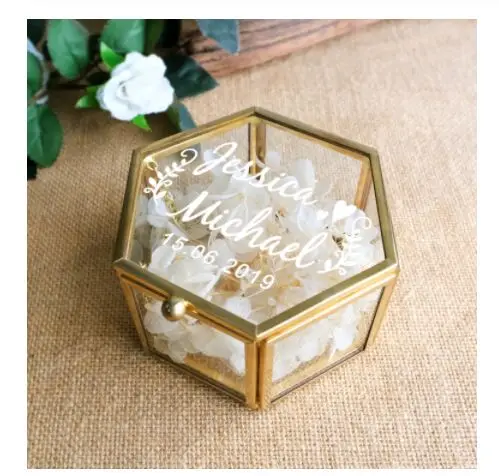 Peraonalized Wedding Gift Glass Wedding Ring Box Geometric Ring Bearer Box Antiqued Flower Glass Ring Holder