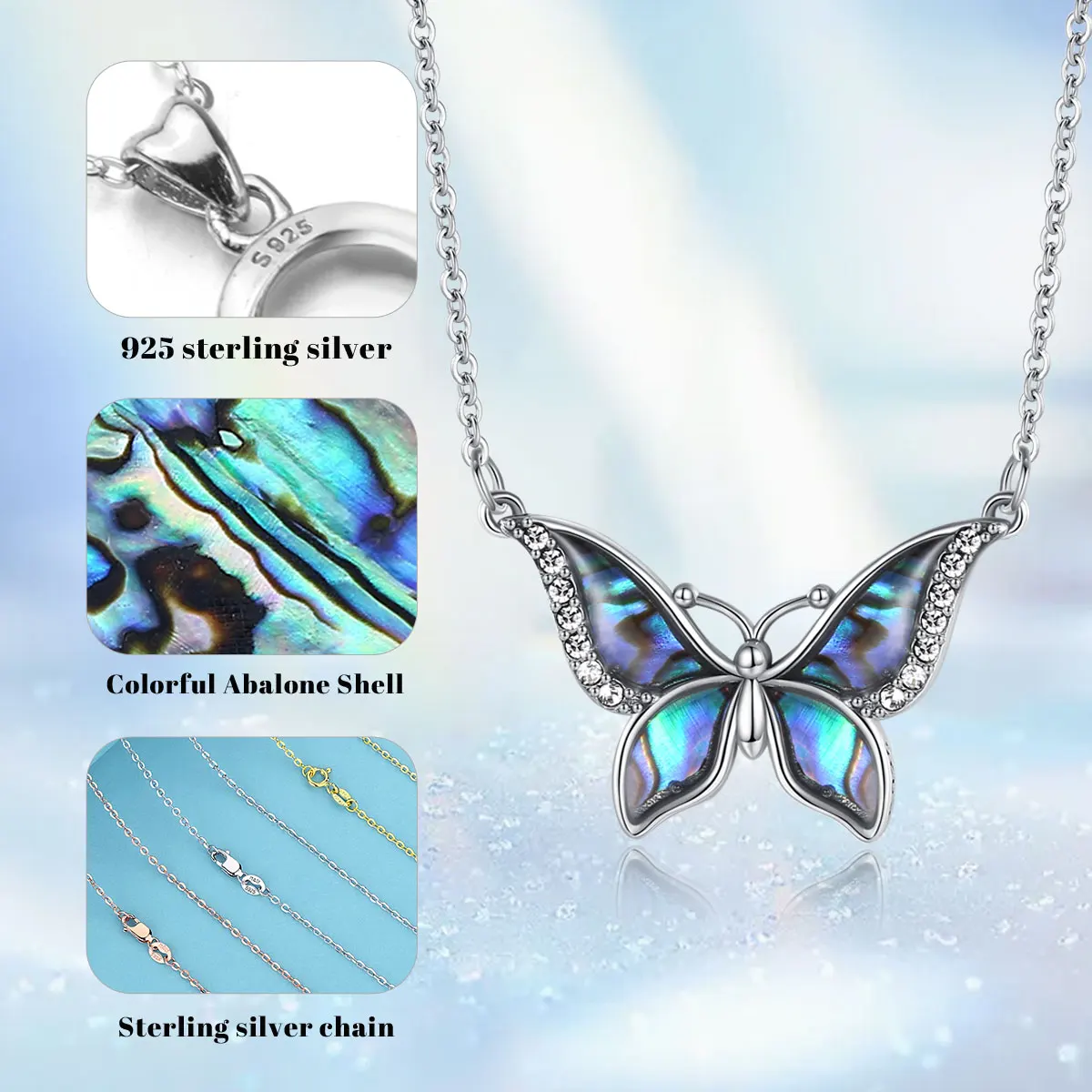 Eudora Real 925 Sterling Silver Abalone Shell Blue Butterfly Crystal Necklace Pendant FIna Fashion Jewelry Gift for Women 040