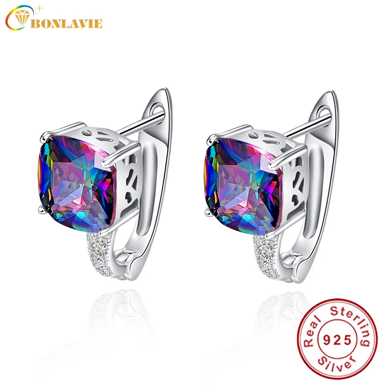 

BONLAVI Square Natural Mystic 6.8ct Rainbow Topaz Stones Pierced Ear Cuff 925 Sterling Silver Brand Party Wedding Fine Jewelry