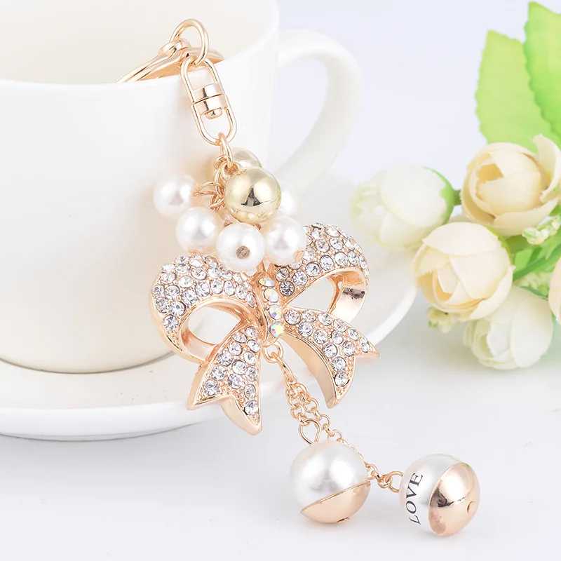 Exquisite Woman Jewelry Imitation Pearls Beads Crystal Alloy Bow Chain Keychain Car Trinke Bag Pendant Girl Gift Keyring