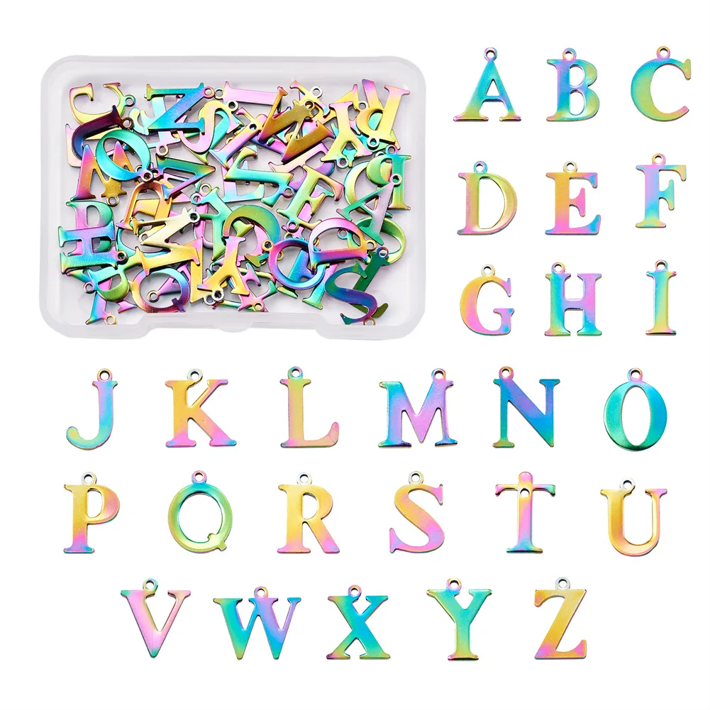 52Pcs Rainbow Colorful Stainless Steel A-Z 26 Letter Pendant Alphabet Initial Charm For Bracelet Necklace DIY Jewelry Making