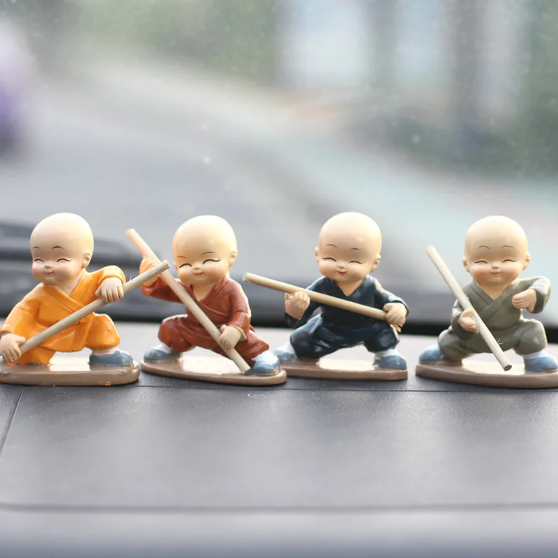 Shaolin kung fu boy resin miniature figurines stick Buddhist monk resin figurines car decoration kids gift souvenir home decor