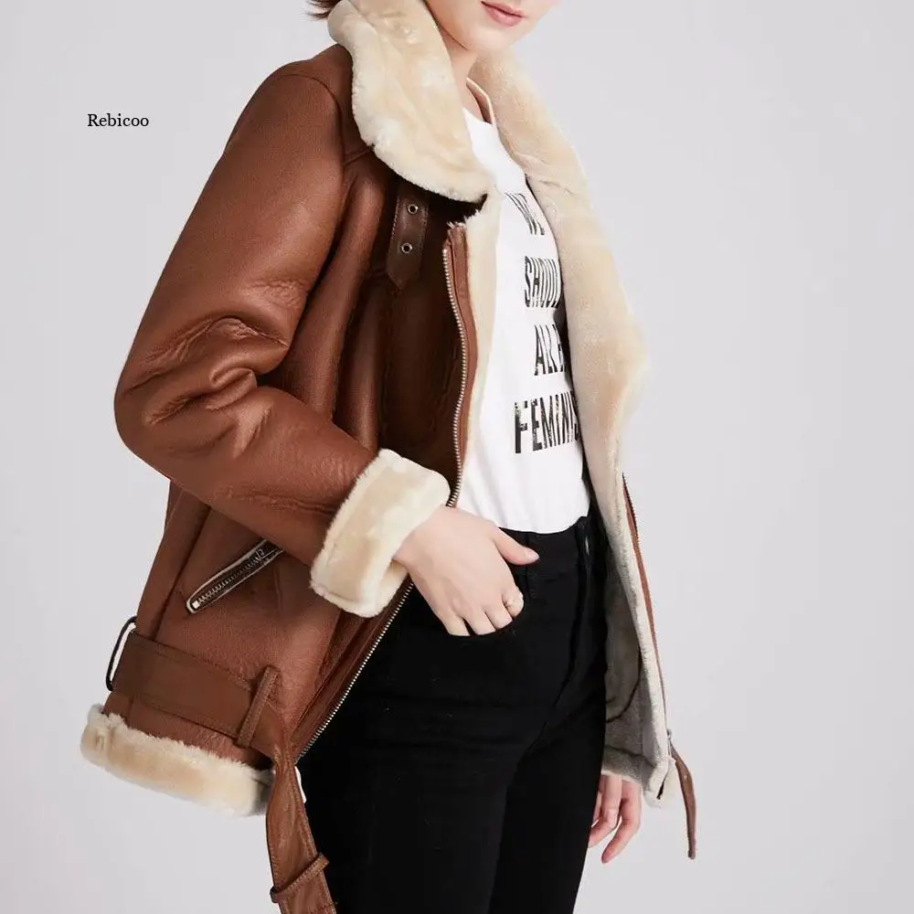 

Winter Coats Women Thick Faux Leather Fur Sheepskin Coat Female Fur Leather Jacket Aviator Jacket Casaco Feminino