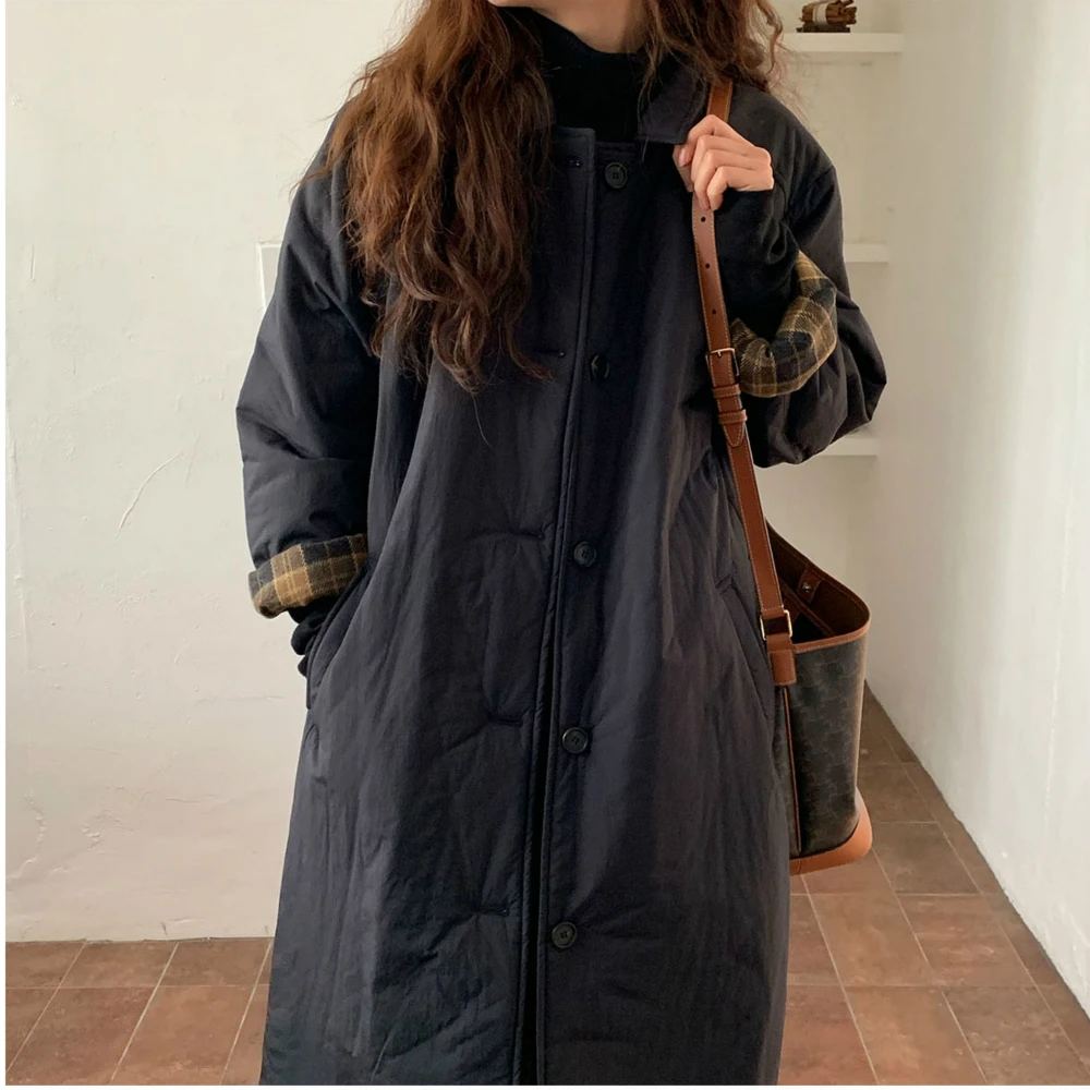 Women Autumn Winter Brief Long Straight Parkas Single Breasted Cotton Coat Jacket Turn-down Collar Overcoat