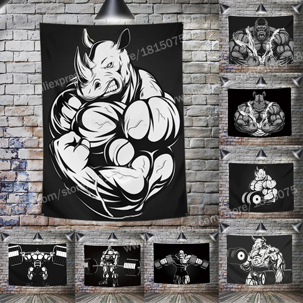 Bannière Murale Décorative Musculation Animaux 90*150cm – Art Mural Personnalisé pour la Maison – Sport, Motivation, Entraînement Musculaire