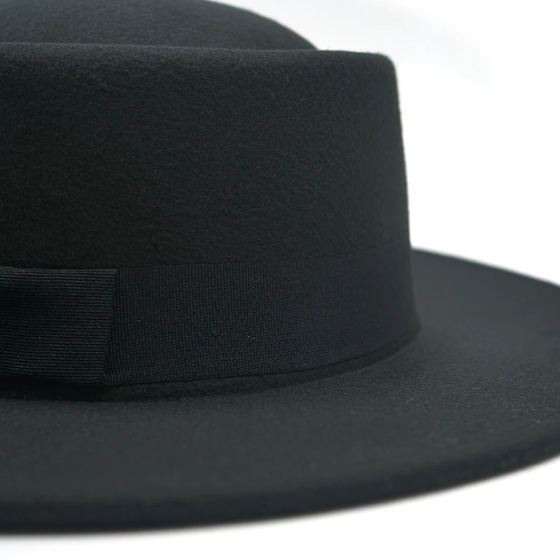 Winter Simple Fashion Wide Brim Vintage Wide Fedoras Hats for Women Solid color Flat top Black ribbon Casual Panama Jazz cap