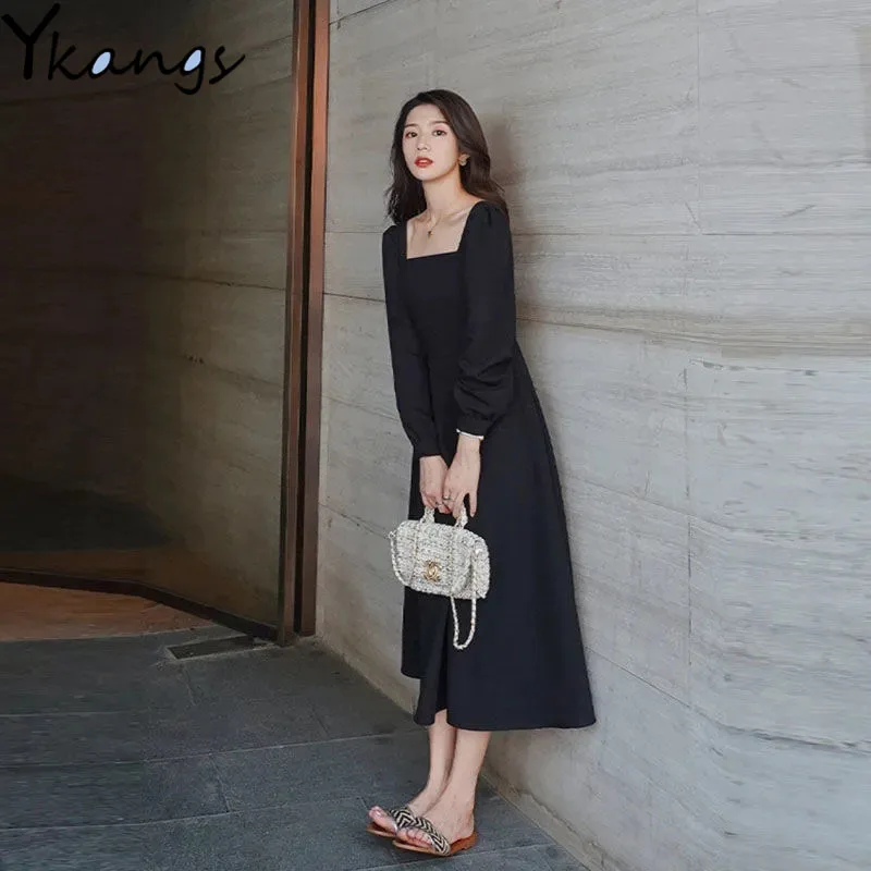 

Elegant Square Collar Puff Long Sleeve Dress Women High Waist Retro Black Dresses Korean Style Ankle-length Dress Female Autumn