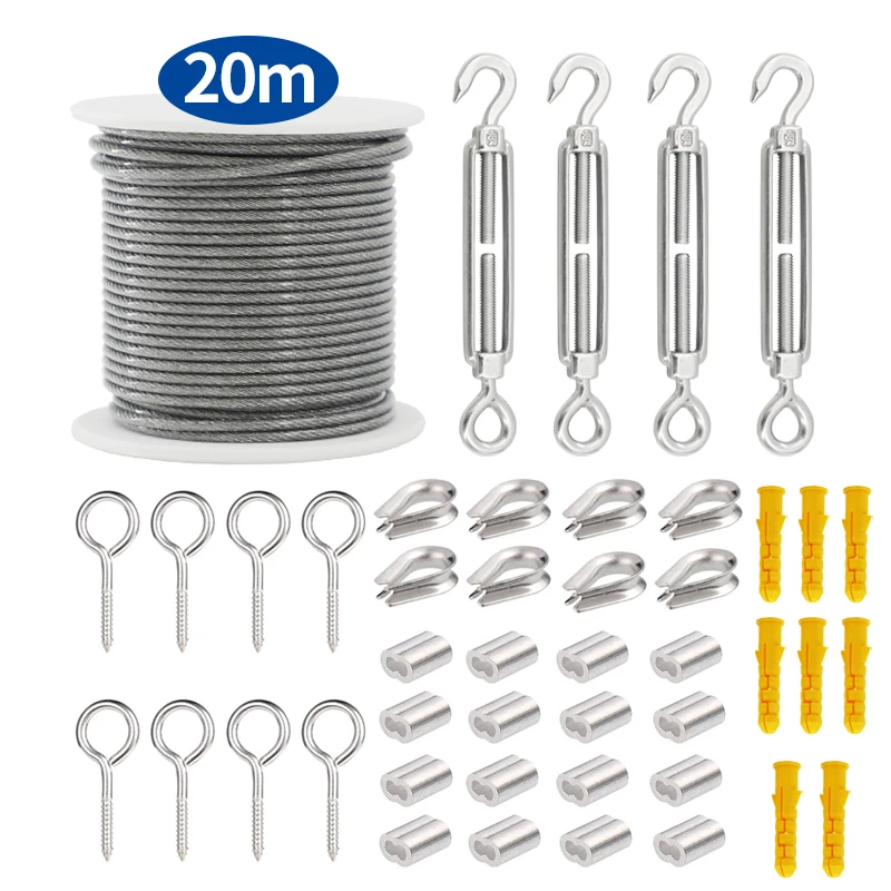 Kit di ganci per cavi in fune metallica 15M/20M 2mm Kit di stendibiancheria flessibile in acciaio inossidabile rivestito in PVC