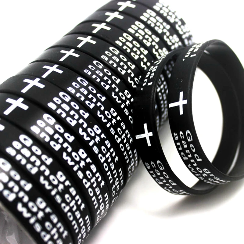 20/50pcs Black Serenity Prayer CROSS Silicone Bracelets Rubber Wristbands Wholesale Jewelry Lots Xmas Gift Favor