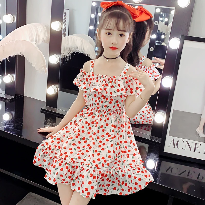 Girls Chiffon Dress Summer 2021 New Arrival Girls Floral Princess Dress Flounce Sling Clothes For Baby Girls Students